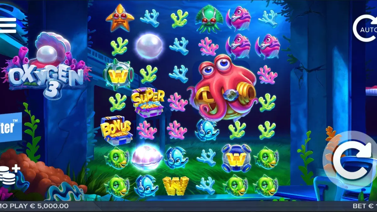 Interface do jogo de slot Oxygen 3 com elementos subaquáticos e mecânicas de cluster
