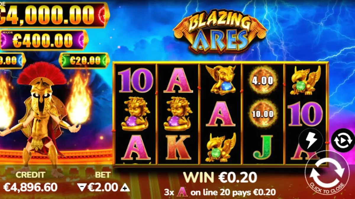Cena de batalha épica no slot Blazing Ares com fogo e símbolos gregos