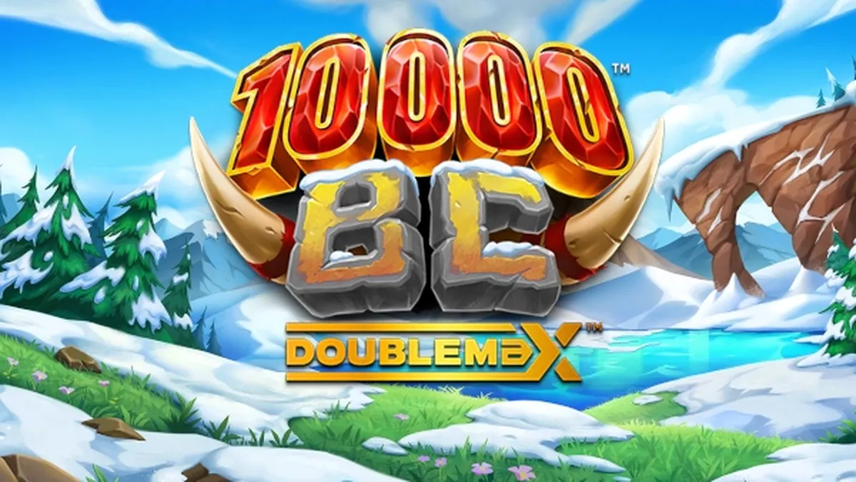 Interface do slot 10000 BC DoubleMax com símbolos de mamute e multiplicador ativo